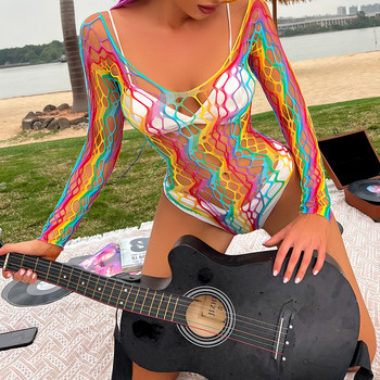 BKLD Festival Clothing 2022 Summer Perspective Rainbow Mesh με μακρυμάνικο δίχτυ παραλίας Σέξι ρούχα για γυναίκες