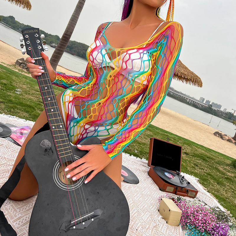 Îmbrăcăminte de festival BKLD 2022, perspectivă de vară, plasă curcubeu, body cu mânecă lungă pentru plajă, ținute sexy pentru femei