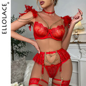 Ellolace Ziua Îndrăgostiților Lenjerie cu pene roșii Fetiș Lenjerie de corp Fantezie Sutien de lux necenzurat cu lanț Bilizna Intimate