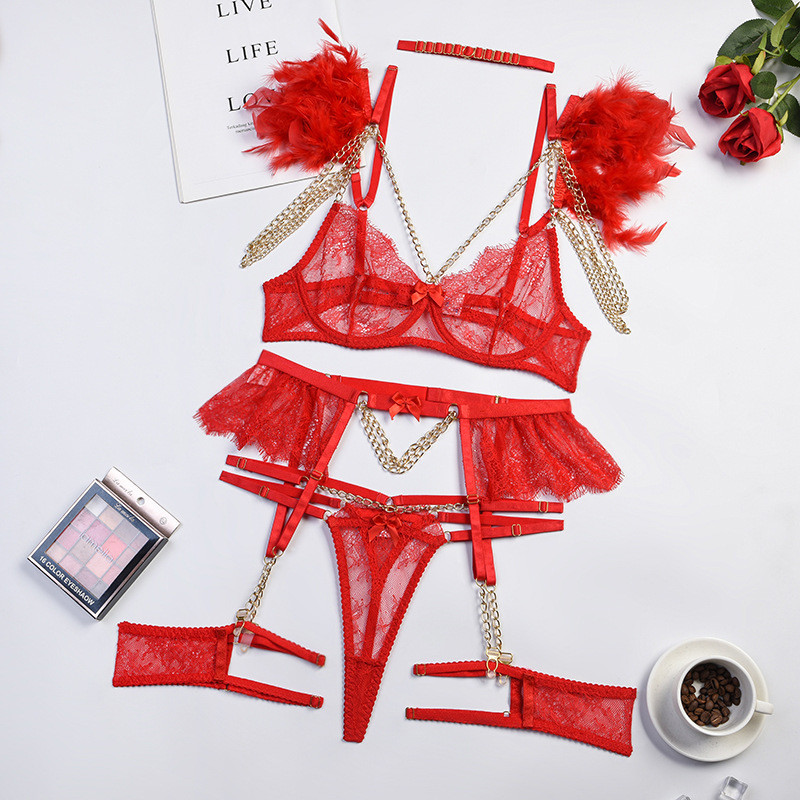 Ellolace Ziua Îndrăgostiților Lenjerie cu pene roșii Fetiș Lenjerie de corp Fantezie Sutien de lux necenzurat cu lanț Bilizna Intimate