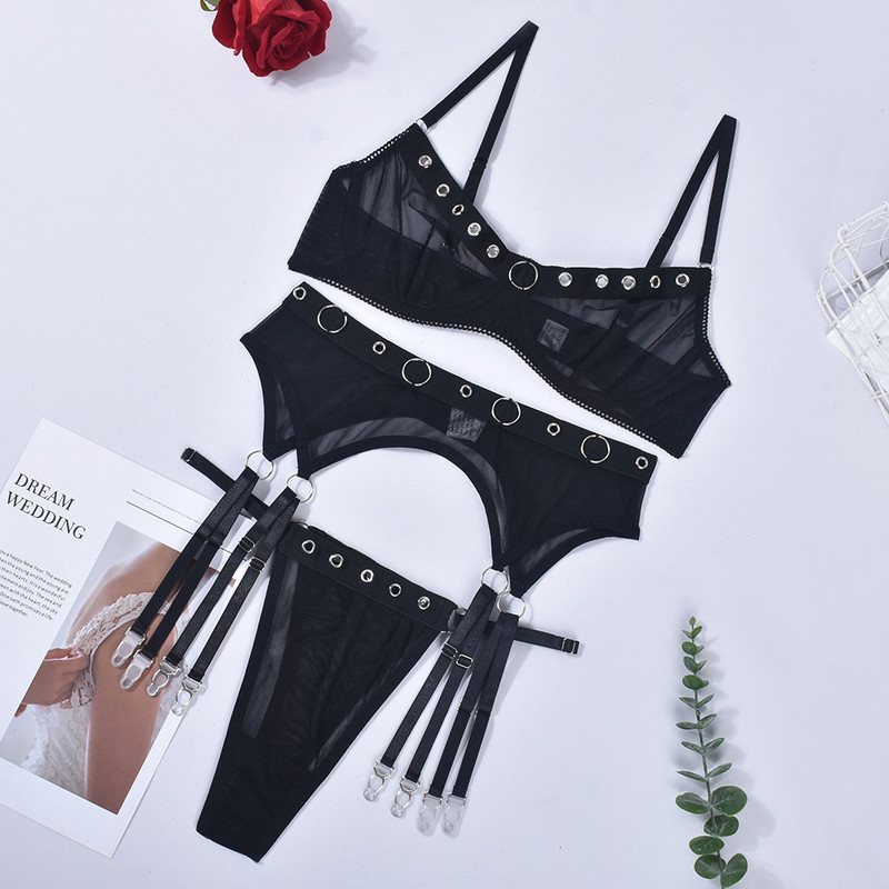Ellolace Inel metalic Lenjerie fină Lenjerie de corp Fancy Femei Necenzurate Intim Fără Cenzură Set Bilizna negru fără sudură