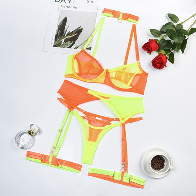 Ellolace Lenjerie de culoare contrastantă, fără sudură, sexy, lenjerie de corp pentru femei, mozaic, dantelă transparentă, costum intim cu jartieră, 6 piese