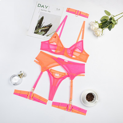 Ellolace Lenjerie de culoare contrastantă, fără sudură, sexy, lenjerie de corp pentru femei, mozaic, dantelă transparentă, costum intim cu jartieră, 6 piese