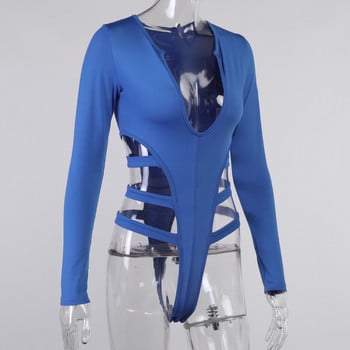 BKLD ολόσωμο γυναικείο μακρυμάνικο μπλουζάκι Σέξι ολόσωμες στολές Clubwear V-λαιμόκοψη κούφιο μονόχρωμο γυναικεία ρούχα 2021 Νέα μόδα