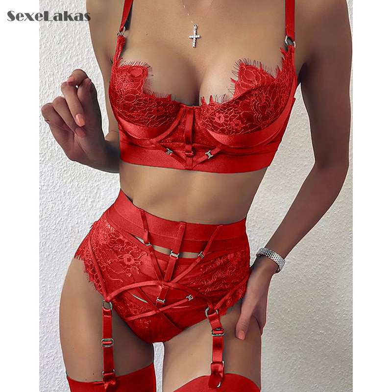 Set de lenjerie de corp sexy pentru femei, sutien cu ciucuri din dantelă și halat chiloți cu talie înaltă, lenjerie transparentă, lenjerie de corp din plasă.