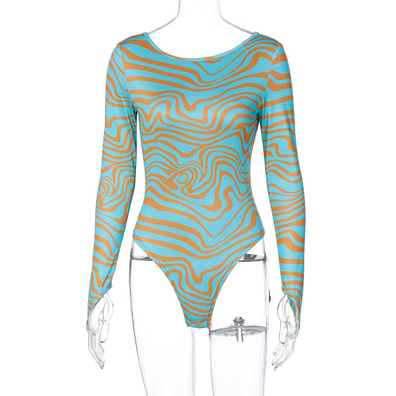 BKLD Îmbrăcăminte pentru femei Toamnă/Iarnă 2021 Nouă modă Body cu mânecă lungă cu imprimeu în dungi neregulate cu gât rotund ținute dintr-o bucată