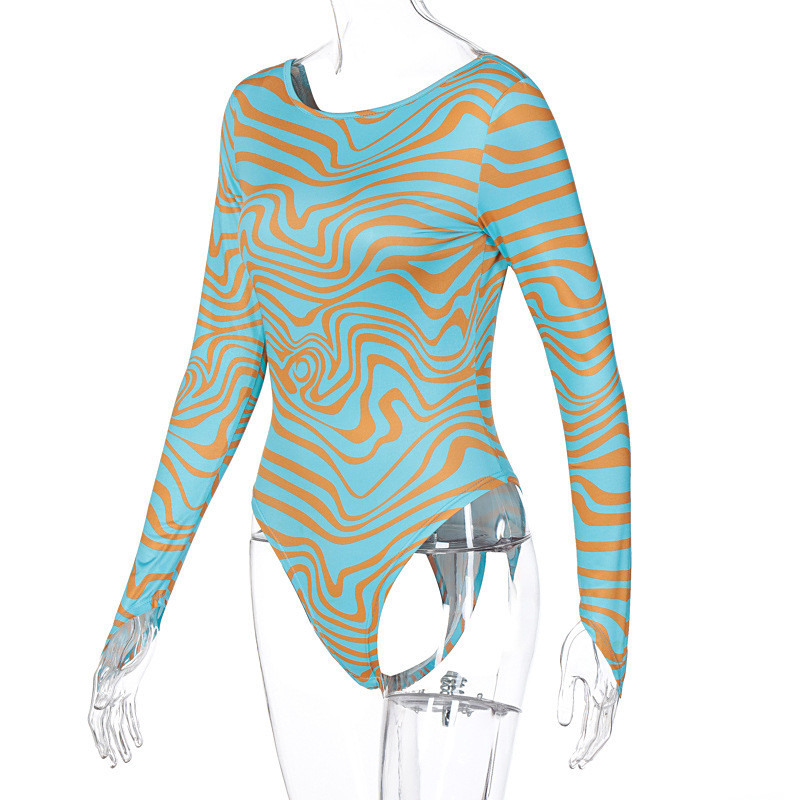 BKLD Îmbrăcăminte pentru femei Toamnă/Iarnă 2021 Nouă modă Body cu mânecă lungă cu imprimeu în dungi neregulate cu gât rotund ținute dintr-o bucată