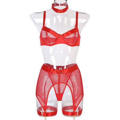 Mulherelfo Lenjerie sexy din plasă pentru femei Kit de lenjerie de corp exotic, transparent, sutien, jartieră, 5 bucăți, set de bralette push up fără sudură