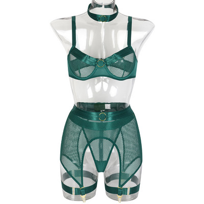 Mulherelfo Lenjerie sexy din plasă pentru femei Kit de lenjerie de corp exotic, transparent, sutien, jartieră, 5 bucăți, set de bralette push up fără sudură