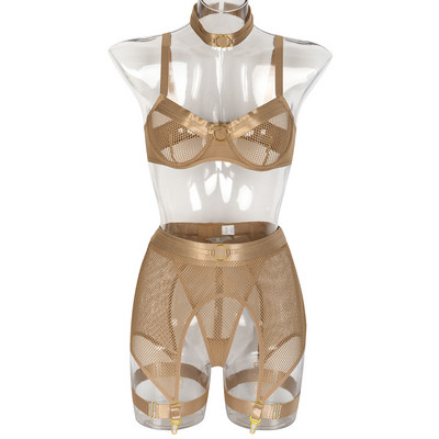 Mulherelfo Lenjerie sexy din plasă pentru femei Kit de lenjerie de corp exotic, transparent, sutien, jartieră, 5 bucăți, set de bralette push up fără sudură