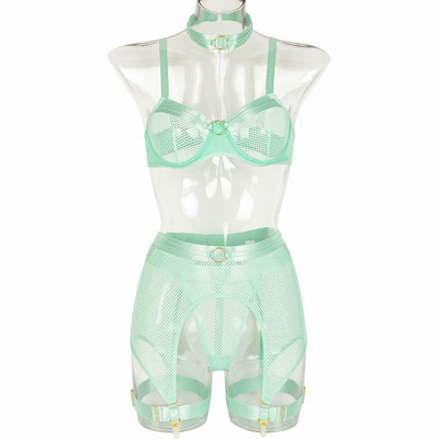 Mulherelfo Lenjerie sexy din plasă pentru femei Kit de lenjerie de corp exotic, transparent, sutien, jartieră, 5 bucăți, set de bralette push up fără sudură