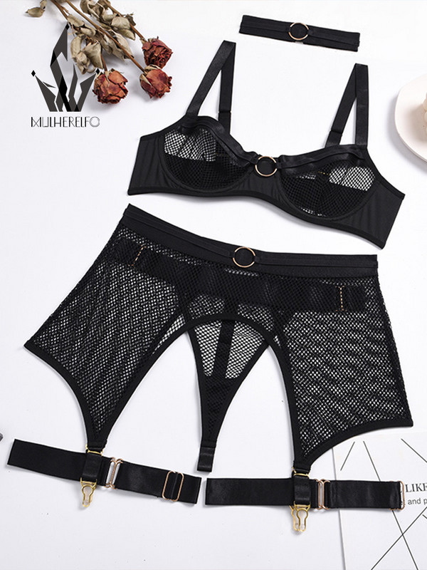 Mulherelfo Lenjerie sexy din plasă pentru femei Kit de lenjerie de corp exotic, transparent, sutien, jartieră, 5 bucăți, set de bralette push up fără sudură