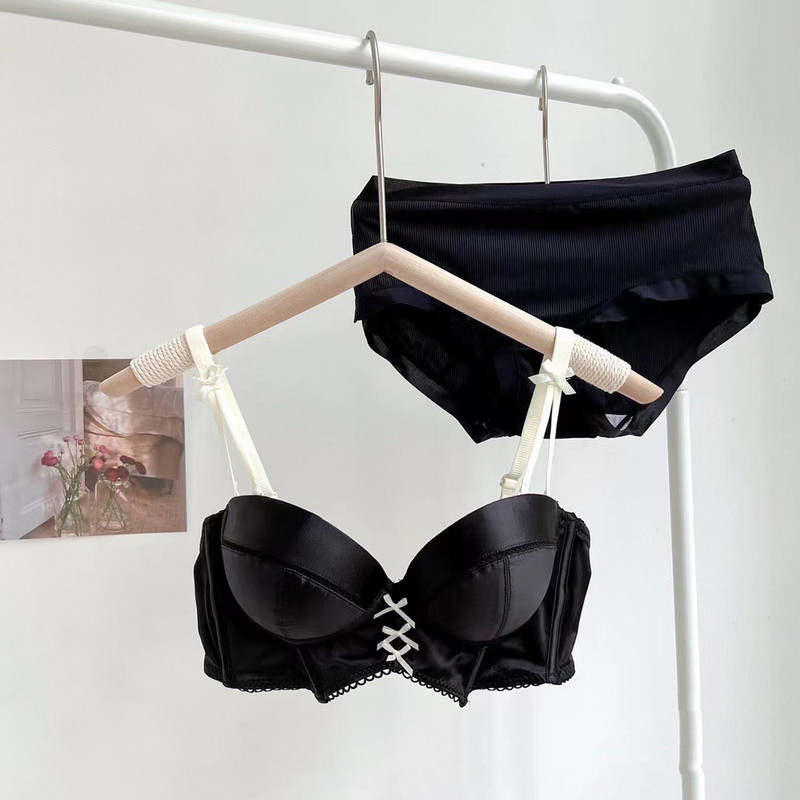 Pooltass Retro stiilis Olkaimeta rinnahoidja aluspüksid Komplektid Naiste Seksikas Aluspesu Väike rinnakorv Push Up Paks puuvillane pesu Tüdrukutele Intiimsed