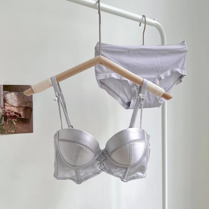 Pooltass Retro stiilis Olkaimeta rinnahoidja aluspüksid Komplektid Naiste Seksikas Aluspesu Väike rinnakorv Push Up Paks puuvillane pesu Tüdrukutele Intiimsed