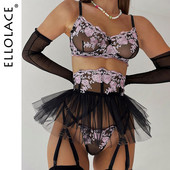 Ellolace Volane Lenjerie Dantela Fantezie Floral Lenjerie de corp pentru femeie Set intim de lux delicat femeie 3 piese Seturi exotice transparente