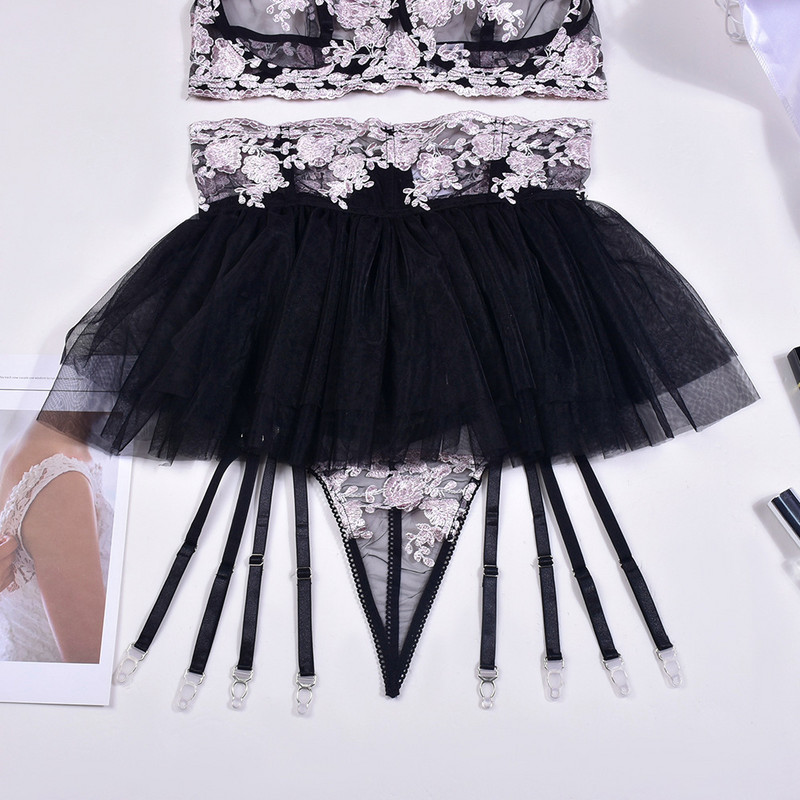 Ellolace Volane Lenjerie Dantela Fantezie Floral Lenjerie de corp pentru femeie Set intim de lux delicat femeie 3 piese Seturi exotice transparente