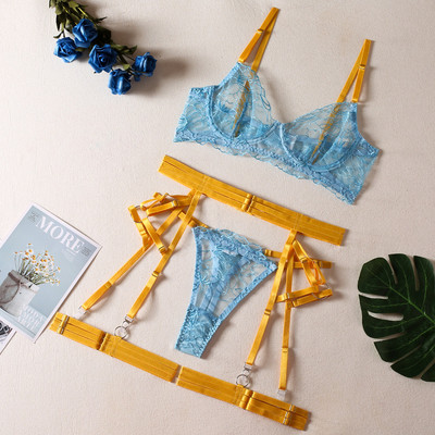 Yimunancy Set de lenjerie în 3 bucăți, culoare contrastantă, pentru femei, fantezie, broderie florală, transparent, erotic, set de jartiere sexy Breif