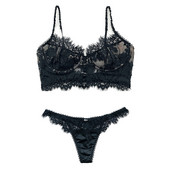 Σέξι διχτυωτό βλεφαρίδες δαντέλα με λουλούδι σουτιέν και στρινγκ σετ εσώρουχα με εσώρουχα με υπέρλεπτη γραμμή γυναικεία εσώρουχα Λευκά Μαύρα
