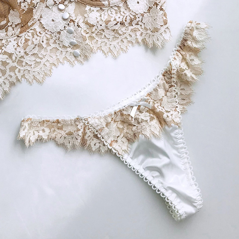 Σέξι διχτυωτό βλεφαρίδες δαντέλα με λουλούδι σουτιέν και στρινγκ σετ εσώρουχα με εσώρουχα με υπέρλεπτη γραμμή γυναικεία εσώρουχα Λευκά Μαύρα