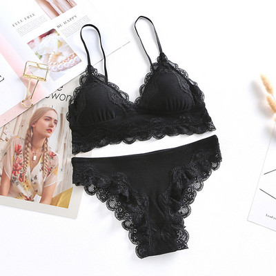 Set bralette din bumbac cu dungi cu lenjerie de dantelă cu inserții Sutien triunghi fără fir Cupă moale Seturi de sutien pentru fete Lenjerie pentru femei