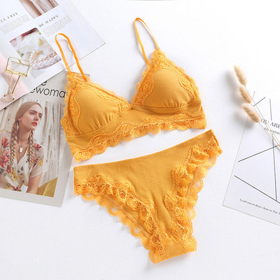 Set bralette din bumbac cu dungi cu lenjerie de dantelă cu inserții Sutien triunghi fără fir Cupă moale Seturi de sutien pentru fete Lenjerie pentru femei
