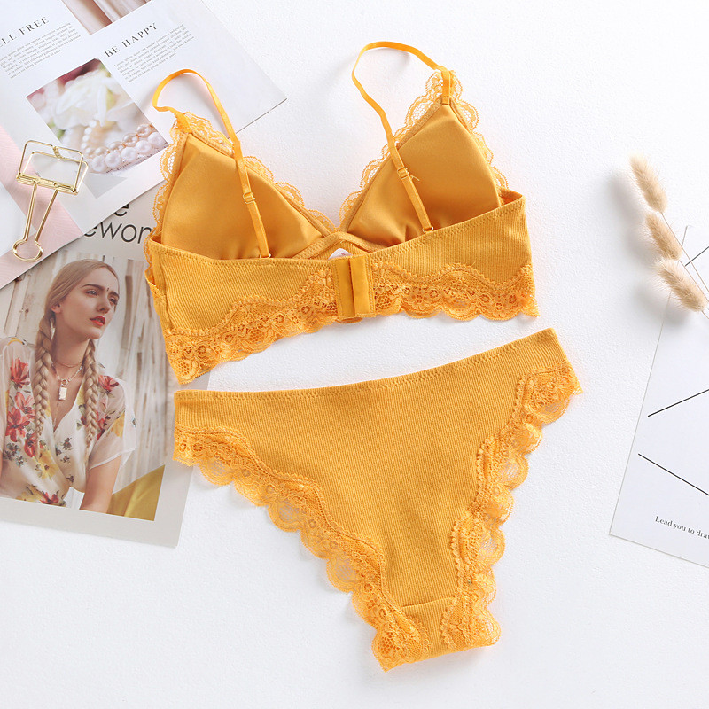 Set bralette din bumbac cu dungi cu lenjerie de dantelă cu inserții Sutien triunghi fără fir Cupă moale Seturi de sutien pentru fete Lenjerie pentru femei