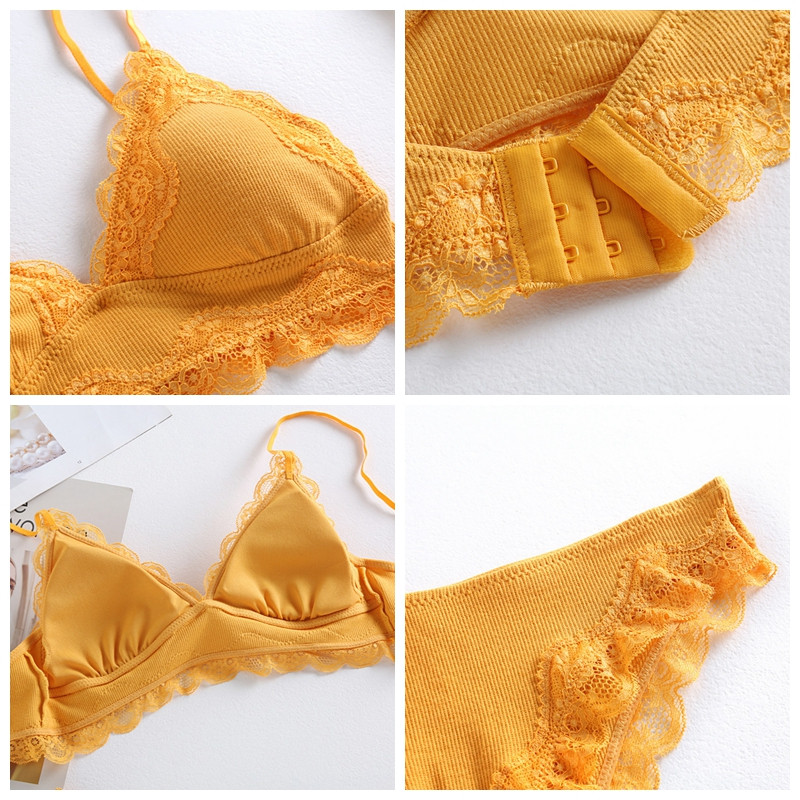 Set bralette din bumbac cu dungi cu lenjerie de dantelă cu inserții Sutien triunghi fără fir Cupă moale Seturi de sutien pentru fete Lenjerie pentru femei