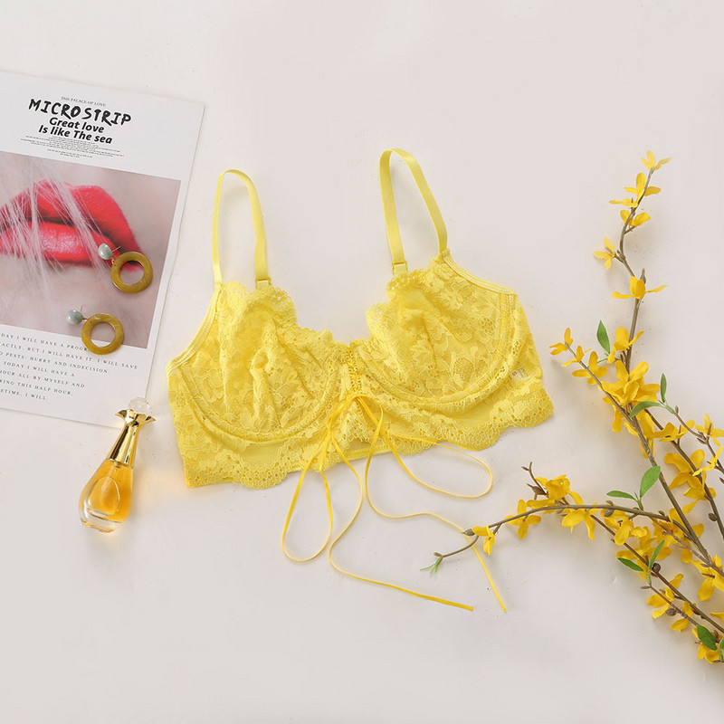 Sutien cu șnur Negru Galben Ultra subțire Lenjerie sexy Perspective Sutien pentru femei Dantela Floral 2021 Sutien fără fir fără sudură