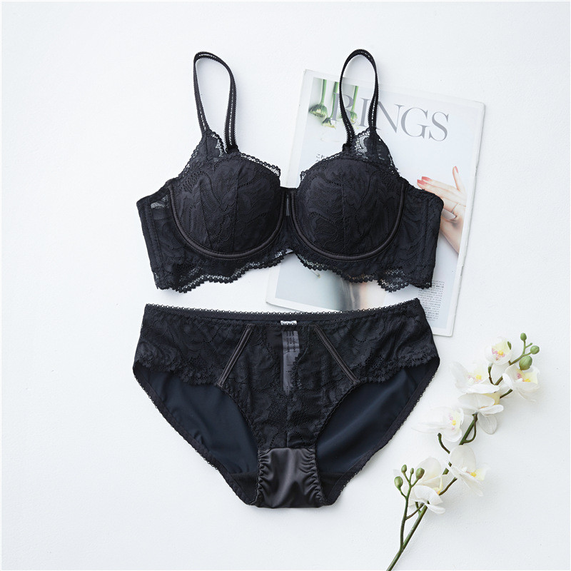 Set de sutien și chiloți cu jumătate de cupă cu căptușeală subțire din dantelă sexy franceză, cu push-up, intime pentru femei, lenjerie frumoasă sutien pentru fete