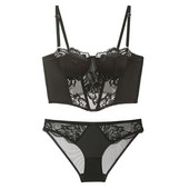 Set de sutien și slip cu jumătate de cupă din satin cu 7 piepți, cu dantelă, căptușit subțire, bretele detașabile Lenjerie sexy pentru femei