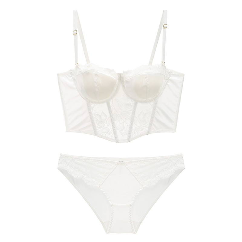 Set de sutien și slip cu jumătate de cupă din satin cu 7 piepți, cu dantelă, căptușit subțire, bretele detașabile Lenjerie sexy pentru femei