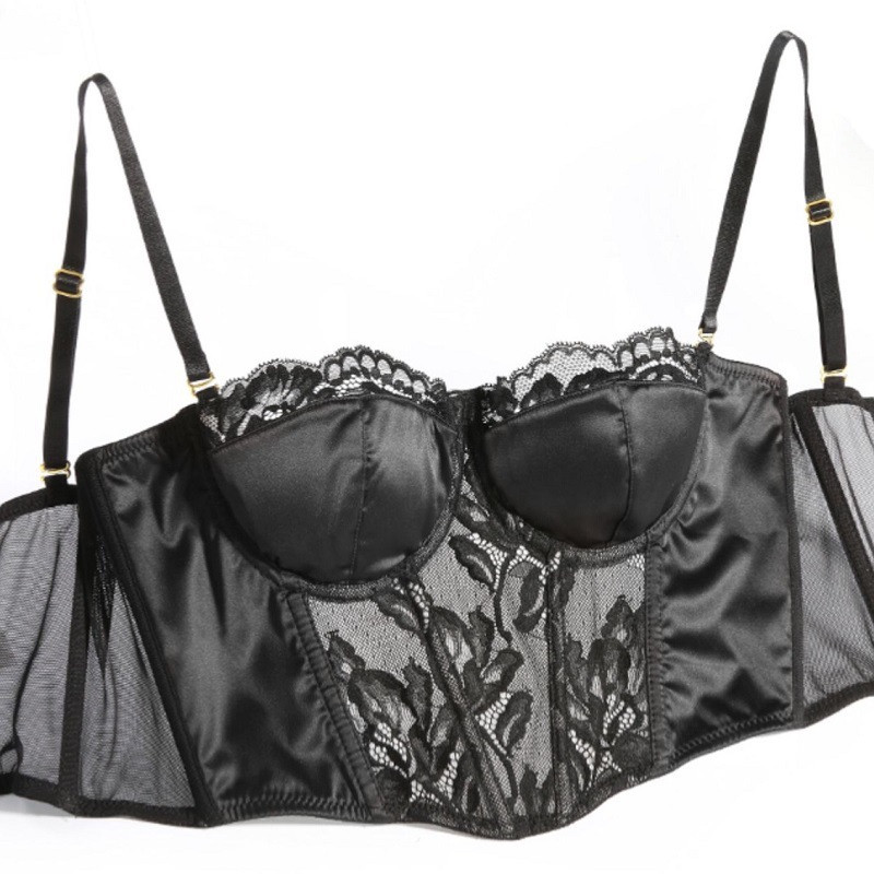 Set de sutien și slip cu jumătate de cupă din satin cu 7 piepți, cu dantelă, căptușit subțire, bretele detașabile Lenjerie sexy pentru femei