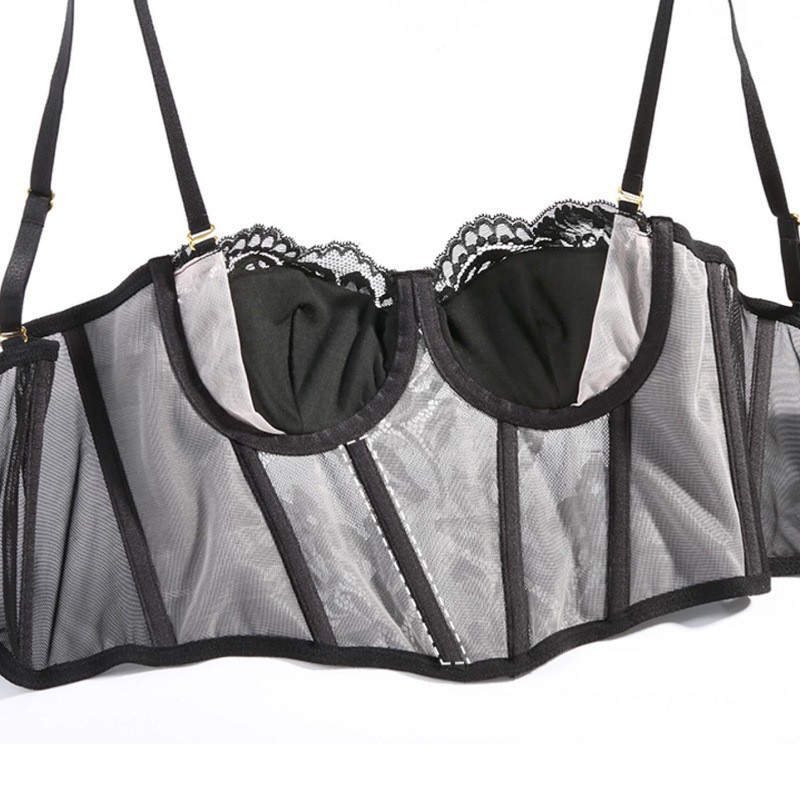 Set de sutien și slip cu jumătate de cupă din satin cu 7 piepți, cu dantelă, căptușit subțire, bretele detașabile Lenjerie sexy pentru femei