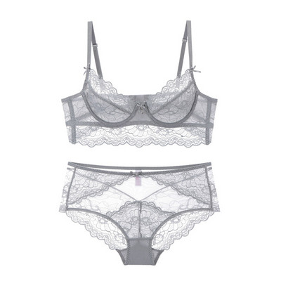 Sutien ultra subțire din dantelă, transparent, cu benzi late push-up, set sutien și chiloți fără căptușeală Lenjerie de corp pentru femei, mărime Plus 70A - 95D