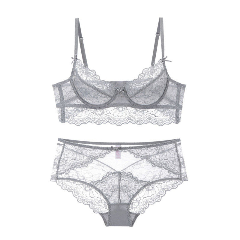 Sutien ultra subțire din dantelă, transparent, cu benzi late push-up, set sutien și chiloți fără căptușeală Lenjerie de corp pentru femei, mărime Plus 70A - 95D