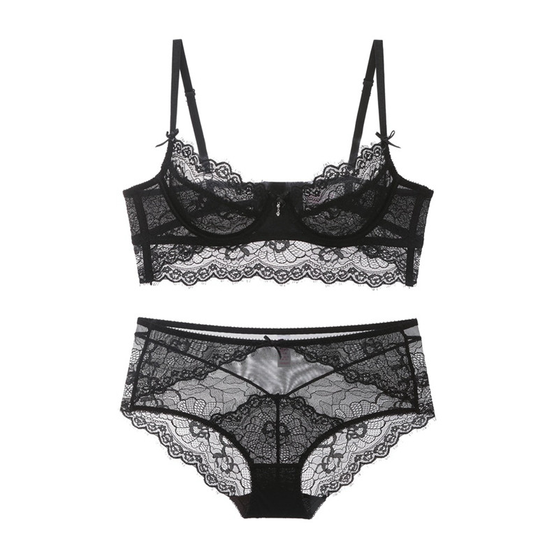Sutien ultra subțire din dantelă, transparent, cu benzi late push-up, set sutien și chiloți fără căptușeală Lenjerie de corp pentru femei, mărime Plus 70A - 95D