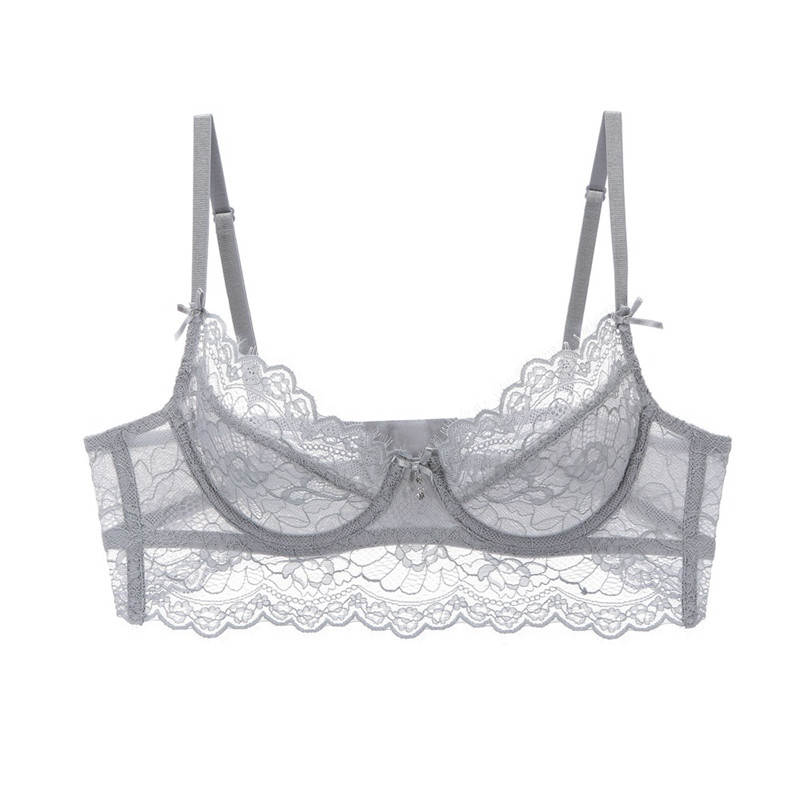 Sutien ultra subțire din dantelă, transparent, cu benzi late push-up, set sutien și chiloți fără căptușeală Lenjerie de corp pentru femei, mărime Plus 70A - 95D