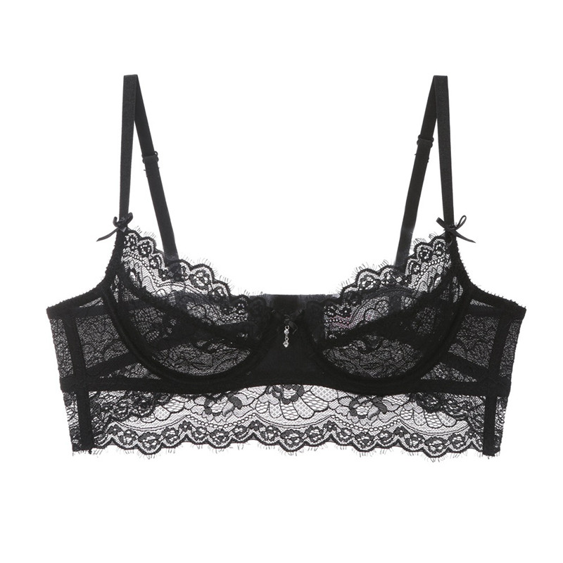 Sutien ultra subțire din dantelă, transparent, cu benzi late push-up, set sutien și chiloți fără căptușeală Lenjerie de corp pentru femei, mărime Plus 70A - 95D