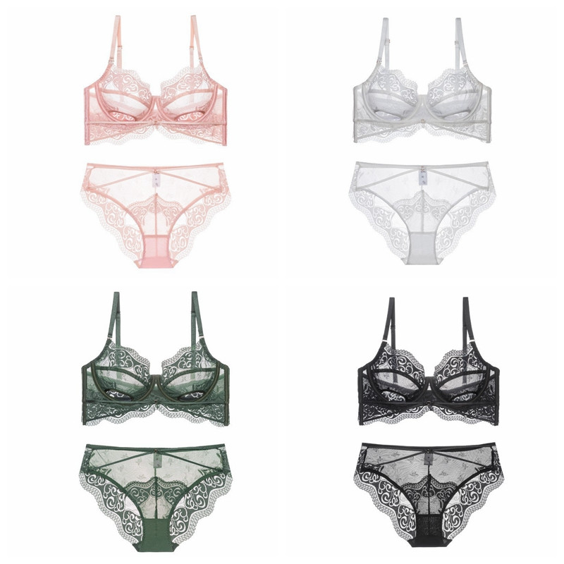 Set de sutien și chiloți din dantelă ultra subțire, sexy, transparent, lenjerie de corp Bandaj scobit Lenjerie de dimensiuni mari pentru femei 2022 nou