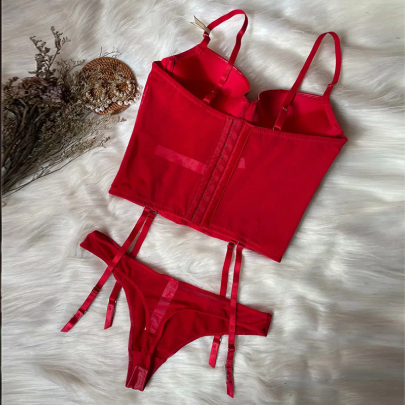 2021 Νέο απομίμηση δέρματος πλατύ γυαλιστερό σουτιέν και στρινγκ Εσώρουχα με Garter Push Up Γυναικεία εσώρουχα BCD Cup Μαύρο κόκκινο