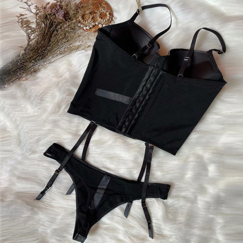 2021 Νέο απομίμηση δέρματος πλατύ γυαλιστερό σουτιέν και στρινγκ Εσώρουχα με Garter Push Up Γυναικεία εσώρουχα BCD Cup Μαύρο κόκκινο