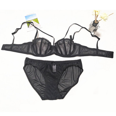 Set de sutien și chiloți cu jumătate de cupă, broderie din dantelă, plasă transparentă, lenjerie de corp sexy cu pietre Necăptușită Lenjerie pentru femei vara 2020 nou