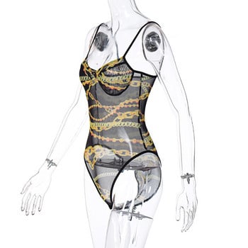 BKLD Пролет Лято 2021 Дамска мода Нови секси V-образно деколте Spaghetti презрамки Вериги Pattern Мрежести прозрачни горнища на бодита
