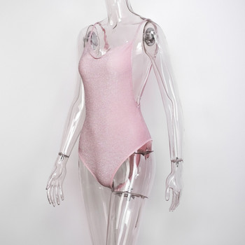 BKLD 2021 Пролетно и лятно ново дамско облекло, розово V-образно деколте, секси лъскави бодита без гръб с презрамка от една част