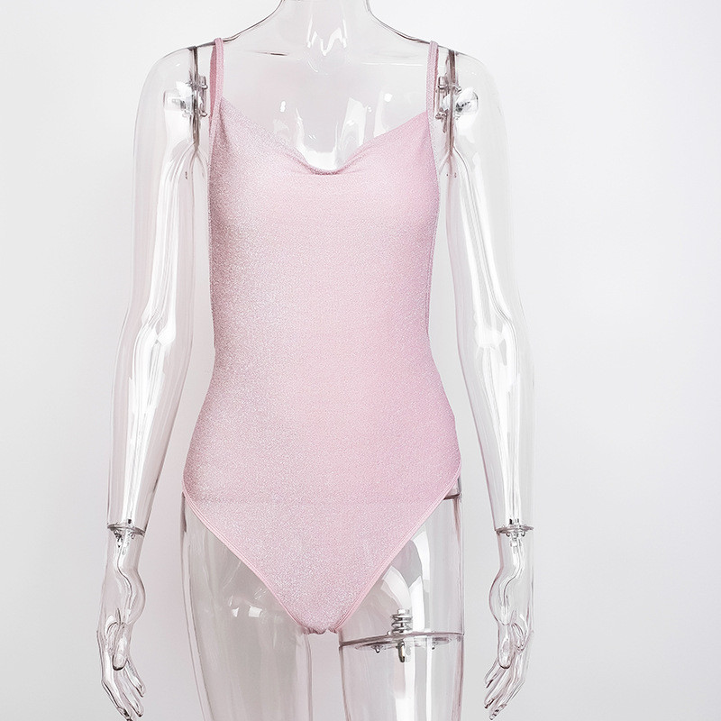 BKLD 2021 Άνοιξη και Καλοκαίρι Νέα γυναικεία ρούχα με ροζ λαιμόκοψη σε σέξι γυαλιστερό λουράκι σπαγγέτι χωρίς πλάτη φόρμες One Piece