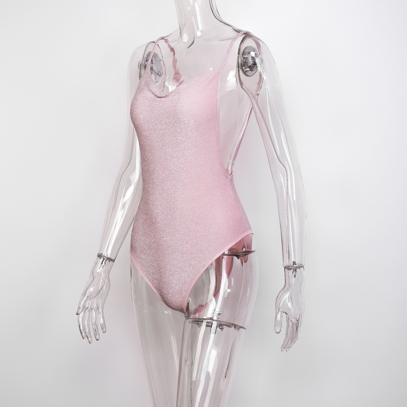 BKLD 2021 Άνοιξη και Καλοκαίρι Νέα γυναικεία ρούχα με ροζ λαιμόκοψη σε σέξι γυαλιστερό λουράκι σπαγγέτι χωρίς πλάτη φόρμες One Piece