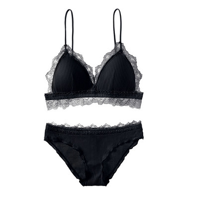 Sutien din bumbac cu dungi cu dantela cu căptușeală detașabilă Set sutien cu cupă triunghiulară fără fir Lenjerie intima cu dantelă Sutiene pentru fete Lenjerie pentru femei