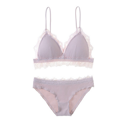 Sutien din bumbac cu dungi cu dantela cu căptușeală detașabilă Set sutien cu cupă triunghiulară fără fir Lenjerie intima cu dantelă Sutiene pentru fete Lenjerie pentru femei