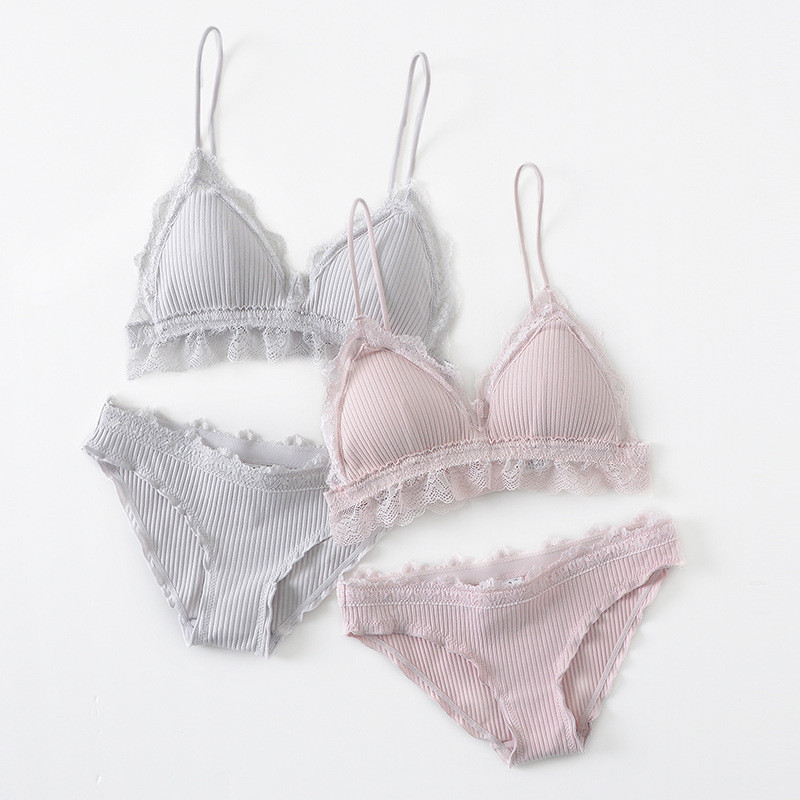 Sutien din bumbac cu dungi cu dantela cu căptușeală detașabilă Set sutien cu cupă triunghiulară fără fir Lenjerie intima cu dantelă Sutiene pentru fete Lenjerie pentru femei