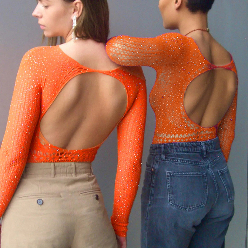 BKLD Φθινοπωρινό Σέξι Διχτυωτό Ολόσωμο Πλεκτό Φθινοπωρινό κορμάκι με μακρυμάνικο μπλουζάκια από στρας